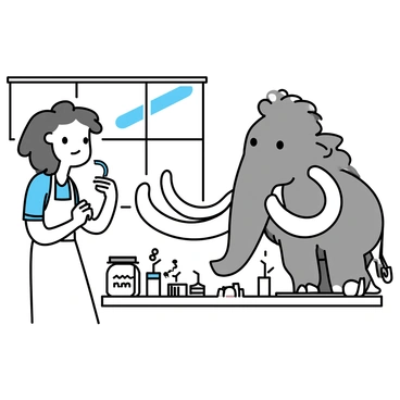 An artist, wearing a white apron, is focused on sculpting a lifelike mammoth out of clay. The mammoth is depicted with thick, textured fur and long, curved tusks. The artist is using a variety of sculpting tools, creating intricate details on the mammoth's face and body. Surrounding the artist are various jars filled with sculpting materials and a wooden workbench cluttered with tools and half-finished sculptures. Natural light is streaming in from a window, highlighting the artist's concentration and the mammoth's impressive form.