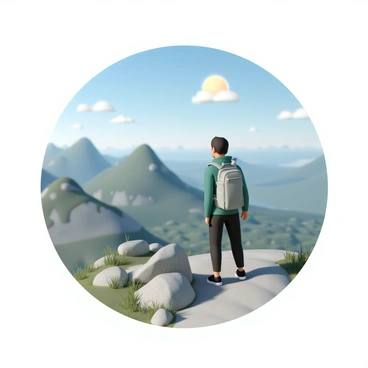 A hiker, wearing a green jacket, gray backpack, and black hiking pants, stands at a scenic overlook. The hiker is gazing at a panoramic view of distant mountains and lush valleys below. The sky is clear with a few white clouds scattered, and the sun is shining brightly, casting shadows on the rugged terrain. The foreground features rocky outcrops and patches of grass, adding depth to the scene.