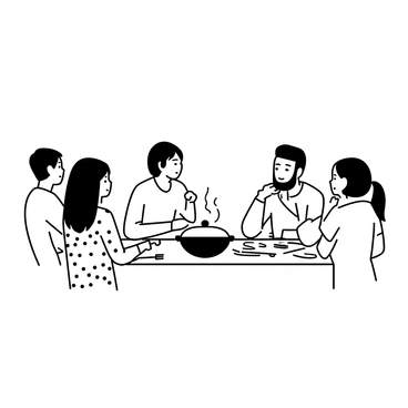 A group of five people sitting around a rectangular dinner table, engaged in a debate about a meal. Two men and three women are present. One man has short hair and is wearing a casual shirt, while the other man has a beard and is dressed in a sweater. One woman has long hair and is wearing a patterned dress, while another woman sports a bob haircut with a blouse. The third woman has her hair tied back in a ponytail, wearing a t-shirt. In the center of the table, there is a large dish with a lid, while various utensils and plates are placed around it. The expressions on their faces show concentration and discussion as they share their opinions about the dish.
