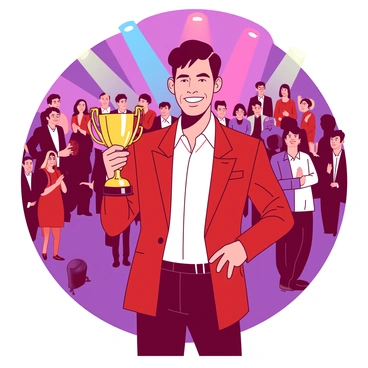 A red leader with a broad smile stands on a stage, holding a shiny gold trophy in their right hand. The leader is dressed in formal attire, with a crisp white shirt and a tailored suit. Surrounding the stage, there is a blurred audience in the background, with a diverse group of people clapping enthusiastically. Colorful spotlights illuminate the stage, casting a warm glow on the leader and trophy, creating a lively atmosphere of celebration.