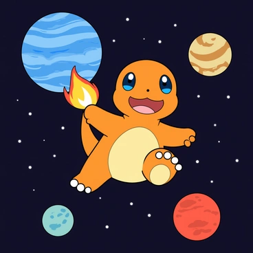 A cute Charmander with orange scales, large blue eyes, and a flame on its tail is floating in the vastness of space. The Charmander has a friendly expression, and its tail flame emits a warm glow. Surrounding it are a variety of colorful planets, including a large blue one with swirling clouds and a small red one with craters. Tiny sparkling stars twinkle in the dark background of space, creating a whimsical cosmic scene. The Charmander's arms are outstretched as it leisurely drifts among the celestial bodies.