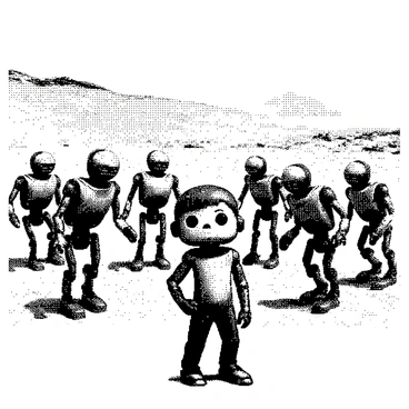 A small boy robot with a distinctive hairstyle and large expressive eyes stands confidently in the foreground. He is facing a group of malfunctioning robots that are scattered around him, displaying erratic movements and disjointed poses. The robots are composed of various mechanical parts and exhibit signs of wear and tear. The background features a vast arid desert landscape, characterized by rolling sand dunes and sparse vegetation. In the distance, a bright sun casts long shadows across the scene, emphasizing the heat and desolation of the environment.