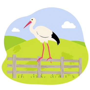 A white stork with long legs and a black wingtip is perched atop a rustic wooden fence in a green countryside setting. The stork has its head turned slightly to the side, showcasing its long, pointed beak. The wooden fence, weathered and rough, stretches across the image and is dotted with patches of moss. In the background, rolling hills are visible, dotted with patches of wildflowers, and a clear blue sky stretches overhead with a few fluffy clouds.