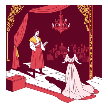 Two actors in ornate costumes are performing a dramatic play on a lavish Baroque theater stage. The stage is adorned with intricate gold leaf decorations and heavy crimson drapery. One actor is standing center stage, passionately delivering a monologue, while the other is positioned to the side, listening intently with a look of concern. The audience can be seen in the dimly lit background, captivated by the performance. The wooden floor of the stage has a glossy finish, reflecting the soft light from ornate chandeliers hanging above.