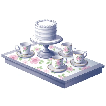 A small, elegantly designed cake sits on a decorative cake stand. The cake features intricate details, with multiple layers and a smooth frosting finish. Surrounding the cake are several delicate china cups, each adorned with floral patterns and gold trim. The cups are positioned on a patterned tablecloth that is covered with vibrant flowers, adding to the overall charm of the tea party setting. The scene is arranged on a wooden table, enhancing the intimate atmosphere of the gathering.
