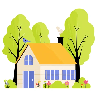 A quaint little house with a thatched roof and wooden walls is nestled among the green treetops of a dense forest. The house has bright blue shutters on the windows and a small chimney with smoke gently rising. Surrounding the house, tall trees with lush green leaves create a natural canopy. Birds can be seen perched on the branches nearby, and a few colorful flowers bloom around the base of the house, adding splashes of color to the scene. Sunlight filters through the leaves, casting dappled shadows on the ground below.