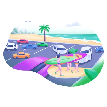 A scene capturing a vibrant parking lot adjacent to a sunny beach. The parking lot is filled with various cars, some parked neatly while others are just arriving. In the foreground, a group of people is walking towards the beach, each carrying colorful surfboards under their arms. The surfboards are decorated with vivid designs, and the individuals are wearing beach attire, such as swimsuits and flip-flops. The sandy beach is visible in the background, with the turquoise ocean waves gently lapping against the shore. Sunlight casts warm tones across the scene, highlighting the cheerful atmosphere.