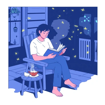 A person is sitting on a wooden porch chair, absorbed in reading a book. The person has short brown hair, wearing a comfortable white shirt and blue jeans. Around them, numerous glowing fireflies illuminate the evening atmosphere with their soft light. The porch is decorated with hanging potted plants and a small wooden table beside the chair holding a steaming cup of tea. The book the person is reading has a colorful cover, and the faint glow from the fireflies creates a magical ambiance, enhancing the peaceful scene.