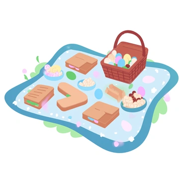 A picnic blanket spread across a grassy area is covered with various foods. Colorful Easter eggs are scattered among neatly arranged sandwiches, which are filled with fresh ingredients. Small bowls of snacks, such as fruit and nuts, are placed alongside the sandwiches. A wicker basket, partially open, reveals more treats inside. The blanket features a cheerful pattern, adding to the festive atmosphere.