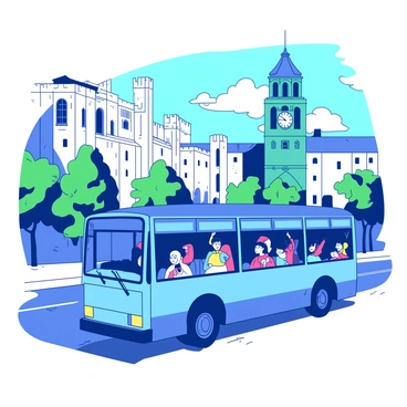 A blue bus with large windows is driving along a city street, filled with tourists who are gazing out in excitement. The bus is surrounded by various historical landmarks, such as a grand white stone building with tall columns and ornate architecture, an old clock tower painted in teal, and a well-preserved castle in the background featuring intricate stonework. The sky is clear, allowing sunlight to illuminate the scene, while trees line the street, adding green to the vibrant atmosphere. Tourists can be seen taking photos and pointing at the sights as the bus rolls by.