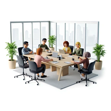 A large open-plan office space with bright lighting and modern decor. In the center, a long table is surrounded by several employees collaborating on various tasks. There are three employees, one man with short black hair and glasses, another woman with curly brown hair, and a third person with straight blonde hair. They are all focused on their laptops and discussing ideas. On the table, there are documents, notebooks, and coffee mugs scattered around. The backdrop features large windows with city views, and potted plants add greenery to the professional environment.