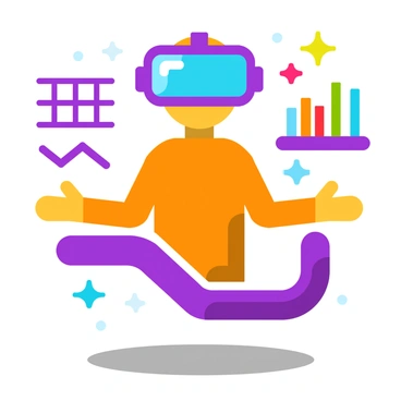 A person wearing a virtual reality headset, with hands outstretched, interacting with vibrant, retro-futuristic game elements such as neon grids and geometric shapes.