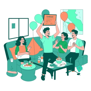 A teal living room is filled with a cheerful family celebrating a member's achievement in gaining an online illustration certificate. In the center, a proud individual holds up the orange certificate framed in a sleek black frame. Family members surround this individual, clapping and smiling, with one person holding a colorful cake decorated with art supplies. Balloons in teal and orange float in the background, adding to the festive atmosphere. A table on the side is adorned with colorful snacks and drinks, enhancing the celebratory mood.