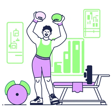 An athlete is standing on a gym floor, visibly excited after completing a chest press workout. The athlete, wearing a fitted tank top and shorts, has an expression of joy and accomplishment. In their hands, they are raising a weight plate above their head, showcasing their strength. Nearby, a bench press setup with weights is visible, and a towel is draped over the edge of the bench. The atmosphere captures the essence of achievement and dedication, with gym equipment and motivational posters on the walls in the background.