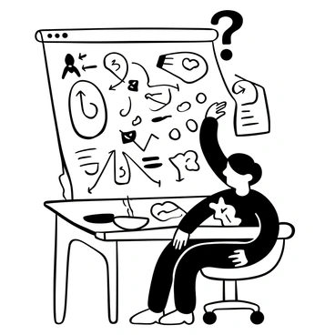 A cartoon character with exaggerated features sitting at a desk, looking perplexed while studying a large, complex diagram filled with various shapes, arrows, and labels. The diagram is drawn with intricate lines and symbols that seem to confuse the character further. Papers are scattered around the desk, and a steaming cup of coffee sits at the corner. The character has one hand scratching their head and the other pointing at the diagram, conveying a sense of struggle and confusion.