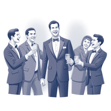 A groom dressed in a formal suit is standing in the center. He is surrounded by several close friends who are also in formal attire. They are smiling and laughing together, capturing a moment of camaraderie. Some of the friends have their arms around each other while others are raising their glasses in a toast. The atmosphere is one of joy and celebration, with expressions of happiness visible on their faces. The background features an elegant setting, possibly decorated for a wedding celebration.