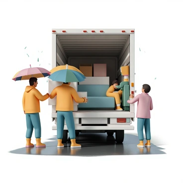 A group of three people, two men and one woman, dressed in waterproof jackets and rain boots, are loading furniture into a large moving truck. The truck is parked on a wet street, and its back doors are open, revealing various pieces of furniture like a couch, a table, and boxes. Each person is holding a colorful umbrella to shield themselves from the rain. The rain is visibly falling, creating a shiny effect on the street and droplets on the umbrellas. One man is lifting a box while the other man is adjusting the couch, and the woman is guiding them from the side, pointing towards the truck.