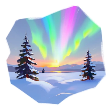 The northern lights are illuminating the night sky with vibrant colors of green, purple, and blue. Below, a pristine snowy landscape stretches out, covered in a thick layer of white snow that glistens under the celestial display. In the foreground, a few scattered evergreen trees stand tall against the bright sky, their branches dusted with snow. In the distance, gentle hills rise, creating a serene horizon under the magnificent auroras. The scene evokes a sense of wonder and tranquility, capturing the beauty of nature's light show in a winter setting.