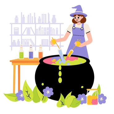 A cartoon-style illustration of "Hermine," a young witch with curly brown hair, is mixing colorful potions in a "bubbling cauldron." The cauldron is black and large, with vibrant colored liquids like green, blue, and pink swirling inside. Surrounding the cauldron are various "herbs," with green leaves and purple flowers scattered around. There are small glass jars filled with different ingredients placed on a wooden table nearby. In the background, shelves lined with more potion bottles and spell books can be seen. Hermine is wearing a purple dress with a pointed hat, focused intently on her potion-making.