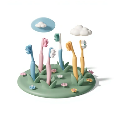A vibrant garden filled with various colors of toothbrushes growing upright from the ground like flowers. The toothbrushes are in shades of blue, pink, green, and yellow, with bristles resembling delicate petals. The garden has lush green grass surrounding the toothbrushes, with small patches of colorful flowers interspersed throughout. A bright blue sky is visible above, with fluffy white clouds drifting by. The scene is illuminated by warm sunlight, casting soft shadows on the ground.