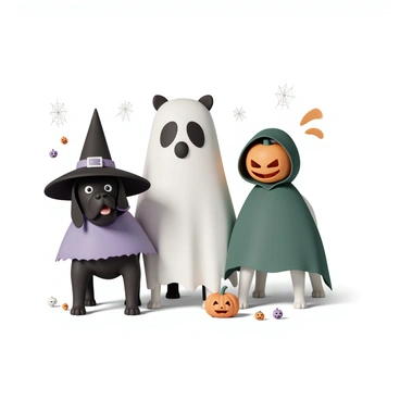 A three-headed dog, resembling Cerberus, stands in a playful pose. Each head is dressed in a different spooky costume. The first head is wearing a black witch's hat with a silver buckle and a purple cape, its eyes gleaming mischievously. The second head sports a ghostly white sheet draped over its head, with large eye holes cut out, giving it a haunting appearance. The third head is adorned with a pumpkin-shaped mask and a green cloak, its expression cheerful yet eerie. The creature is surrounded by scattered Halloween decorations, including carved pumpkins and cobwebs, creating a festive atmosphere.