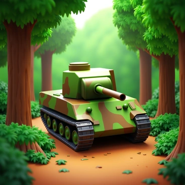 A camouflaged tank rolling through a dense forest. The tank features a green and brown camouflage pattern that blends seamlessly with the surrounding foliage. Vibrant green leaves and thick trunks of tall trees surround it, while sunlight filters through the branches, creating dappled light on the forest floor. The ground is covered in a mixture of brown soil and scattered leaves, with patches of underbrush that add to the lush environment. The tank's tracks leave a slight impression in the dirt as it moves steadily through the scene.