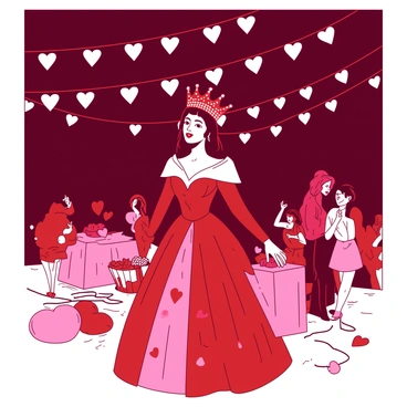 A red queen of hearts is standing beneath a festoon of white heart-shaped lights. The lights are strung across a dark sky, illuminating the scene with a warm glow. The queen wears a lavish gown adorned with heart patterns, and her crown is decorated with sparkling jewels. Around her, a gathering of colorful decorations adds to the festive atmosphere, while guests can be seen in the background, enjoying the celebration.