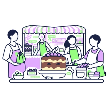 A torte is displayed prominently on a wooden table at a bustling farmers market stall. The torte has a rich, layered appearance, with visible chocolate and fruit filling. Surrounding the torte are small labels indicating the natural ingredients used, such as "organic flour," "free-range eggs," and "locally-sourced berries." Behind the torte, jars of homemade jam and baskets of fresh fruits are arranged neatly. Customers are browsing the stall, some holding bags filled with fresh produce. The market is lively, with other stalls visible in the background, showcasing various natural goods.