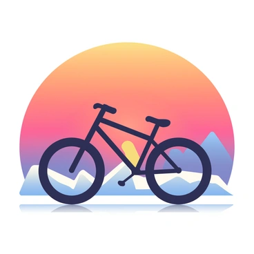 A street bike is positioned in the foreground, creating a strong silhouette against a vibrant sunset horizon. The sky is filled with rich hues of orange, pink, and purple, gradually blending into darker shades as it approaches the top. The bike's details, including its sleek frame and handlebars, are clearly defined in black against the bright backdrop. Below the horizon, the outlines of distant mountains can be seen, adding depth to the scene. The ground is slightly reflective, capturing hints of the sunset colors, enhancing the visual impact of the image.