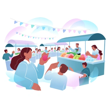 A bustling market scene filled with various vendors and shoppers engaged in lively interactions. Many stalls are covered with colorful awnings displaying a variety of goods. In the foreground, a woman is wearing a denim blouse, standing next to a stall filled with fresh fruits and vegetables. She is reaching out to select an apple, and her hair is styled in a loose braid. Surrounding her are shoppers with baskets, and a vendor is enthusiastically presenting his colorful produce. The atmosphere is vibrant, with people actively moving and exchanging items. A few decorative banners hang above the market, adding to the lively ambiance.