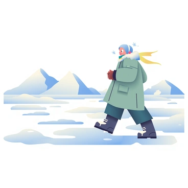 A vast frozen tundra stretches across the image, covered in white snow and patches of glistening ice. In the foreground, a lone explorer is trudging through the thick snow. The explorer is wearing a large, insulated parka with a fur-lined hood, and they have a pair of sturdy snow boots on. Their face is partially obscured by a scarf, with only their eyes visible, reflecting determination. Icy winds are swirling around, creating small snow flurries. In the background, distant snow-covered mountains rise against the pale sky, adding depth to the stark landscape.