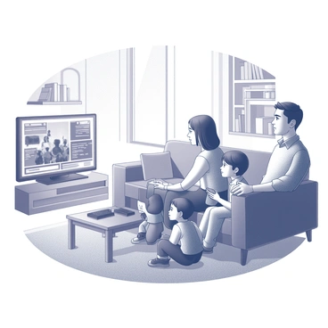 A family of four is gathered in a living room, sitting closely together on a couch. The father, with a furrowed brow, holds a remote control in one hand as he watches the television. The mother sits beside him, her hands clasped in her lap, displaying a worried expression. Two children, a boy and a girl, sit on the floor in front of the couch, their attention focused on the screen. The television shows a news report, with visible graphics and a blurred image of a protest scene. The room has various furniture pieces, including a coffee table and bookshelves filled with books. A large window allows soft light to enter the space, illuminating the concerned faces of the family members.