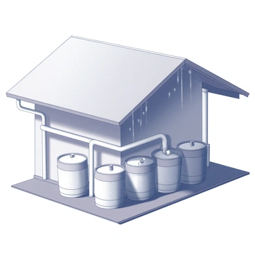 A rooftop with a rainwater collection system installed. The system includes several gutters that run along the edges of the roof, directing rainwater downwards. Underneath the gutters, multiple barrels are positioned to collect the water. Each barrel has a spout at the bottom for easy access to the collected rainwater. The barrels are cylindrical with lids on top, and they are placed on a solid, flat surface. The scene shows water flowing from the gutters into the barrels during rainfall.