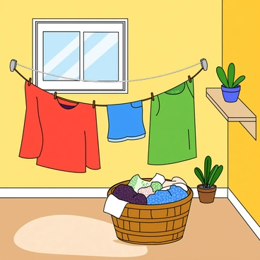 A colorful laundry room with clothes hanging to dry and a basket of fresh laundry