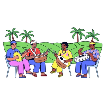 A group of musicians playing a gamelan orchestra, featuring a variety of traditional instruments such as metallophones, gongs, and drums. The musicians are dressed in colorful traditional Balinese attire, with intricate patterns and decorative accessories. In the background, lush green rice fields and palm trees are visible, completing the tropical setting. The musicians are focused on their performance, showcasing a harmonious blend of sounds. The scene captures the essence of Balinese culture and music.