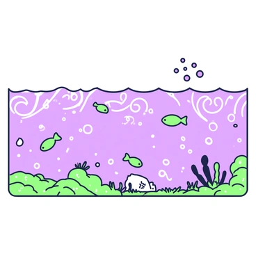A vast ocean stretches across the image, with swirling currents depicted in intricate movements. The water is teeming with early forms of marine life. Scattered throughout the ocean are various creatures, including simple fish-like shapes and jelly-like organisms. The ocean floor is visible in some areas, showing rocky textures and patches of seaweed. Above the water, a few small bubbles are rising, hinting at the activity beneath the surface. The scene captures the essence of a primordial ecosystem thriving in an ancient environment.