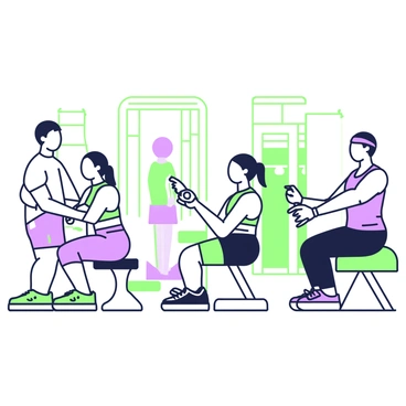 A group class scenario features several people engaged in seated cable rows simultaneously. In the foreground, a man with a focused expression pulls on the cable with both hands, sitting on a bench with his back straight. Next to him, a woman in athletic attire performs the same exercise, her posture aligned and muscles defined. On the opposite side, a third participant, wearing a headband, also pulls the cable towards her torso, showing concentration. The gym environment includes various fitness equipment in the background, with a large mirror reflecting the participants' movements. Each individual is surrounded by a sense of determination and energy as they work on their fitness routines.