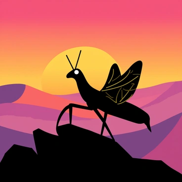 A silhouette of a locust with detailed wing patterns is positioned prominently in the foreground. The locust is perched on a dark, jagged rock. In the background, a dramatic sunset fills the sky with vibrant orange, pink, and purple hues. The desert landscape stretches out, with rolling sand dunes gently illuminated by the colors of the sunset, creating a striking contrast with the silhouetted locust.