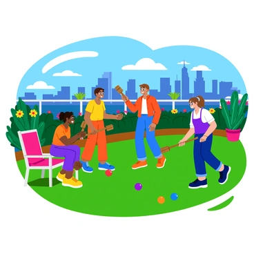 A group of four friends is playing croquet on a vibrant rooftop garden. The garden is filled with colorful flowers and lush green plants, with a lively atmosphere. The skyline of a bustling city is visible in the background, with tall buildings and bright lights. The friends are dressed in casual summer clothing, with laughter and excitement on their faces as they take turns hitting the wooden mallets. The croquet balls are brightly colored, adding to the cheerful scene. A few garden chairs are scattered around the area, adorned with cushions that match the vibrant colors of the garden.