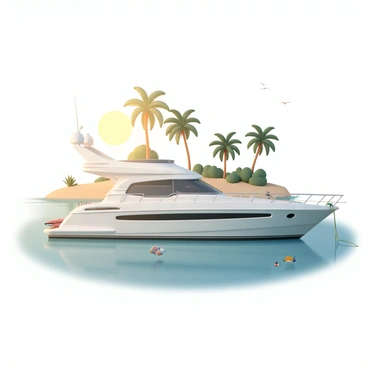 A motor yacht, sleek and white with shining metal accents, is anchored in calm, clear waters. The yacht's deck features a sunbathing area with lounge chairs, and a small inflatable kayak is tied to the side. In the background, a tropical island showcases lush green palm trees swaying gently in the breeze. The sun casts a warm golden light over the scene, illuminating the crystal-clear water reflecting shades of blue and green. A few colorful tropical fish can be seen swimming near the surface, completing the vibrant marine setting.