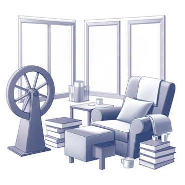 A cozy reading nook set in a warm space with a spinning wheel positioned in one corner. Next to the spinning wheel, there is a comfy chair designed for relaxation, with soft cushions and an inviting throw blanket draped over the armrest. Surrounding the chair are stacks of books, some with their covers facing up and others leaning against one another. A small side table next to the chair may hold a cup or a small lamp for additional ambiance. Large windows allow natural light to filter into the nook, enhancing the overall inviting atmosphere.