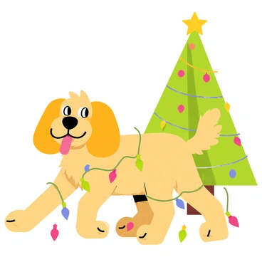 A playful dog with a fluffy golden coat is tangled in colorful Christmas tree lights. The dog has a cheeky expression, with its tongue out and ears perked up. Various ornaments in festive colors are scattered around the dog, including a shiny red bauble and a green star. The scene is set against a backdrop of a decorated Christmas tree with twinkling lights and a bright star on top, creating a cheerful and festive atmosphere.