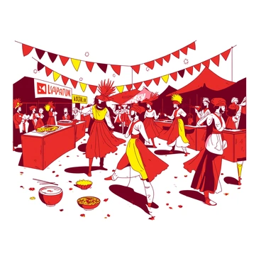 A red and yellow festival scene filled with people wearing elaborate costumes adorned with feathers, beads, and sequins. Some individuals are dancing energetically to lively music, while others are playing various musical instruments, including drums and flutes. Colorful banners and flags hang overhead, fluttering in the breeze. The ground is decorated with bright patterns made from flower petals. Scattered throughout the scene, there are food stalls offering a variety of vibrant snacks and drinks, enhancing the festive atmosphere.