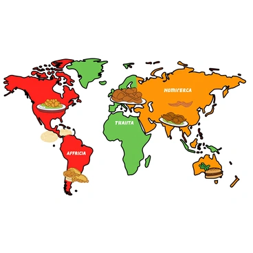 A colorful map of the world featuring various KFC meals representing each region. Each country or continent has a distinct KFC meal illustrated prominently. For North America, a bucket of fried chicken with biscuits and gravy is displayed. South America features a plate of spicy chicken wings alongside a side of coleslaw. In Europe, a generous serving of chicken tenders is placed with mashed potatoes and gravy. Africa showcases an assortment of fried chicken pieces with a spicy sauce. Asia includes a bowl of popcorn chicken with rice and sweet chili sauce. Australia highlights a grilled chicken burger with fries. Each meal is labeled with its respective region in playful, bold lettering. The map has a light, cartoon-like style, making it engaging and fun to look at.
