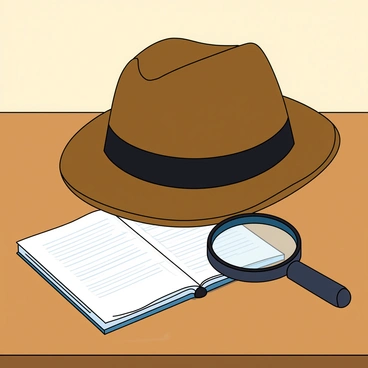 A classic brown detective fedora hat rests on a wooden desk. Next to the hat, there is a round magnifying glass with a black handle, positioned with the lens facing upward. A neatly opened notebook lies beside the magnifying glass, its pages filled with neatly written notes. The desk has a polished surface, and there is a warm light illuminating the scene, casting gentle shadows around the objects.