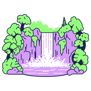 A majestic waterfall is cascading down a series of rugged rocks, creating a dramatic scene. The water flows energetically, splashing into a clear pool at the bottom. The pool is surrounded by lush greenery, with dense jungle foliage framing the scene. Large leaves and ferns are visible, adding texture to the environment. In the background, tall trees rise above the waterfall, their trunks visible amidst the vibrant greenery. Soft mist rises from where the water meets the pool, creating a dynamic and refreshing atmosphere.