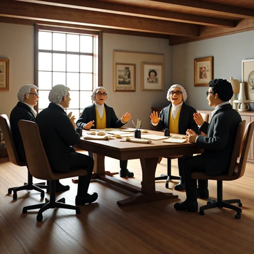 A group of four founding fathers engaged in a lively discussion around a large wooden table. The table is covered with scrolls, parchment, and ink pots, indicating the importance of their conversation. Each founding father has distinct features: one with white hair, dressed in a dark coat; another with a slightly weathered face and a bright waistcoat; a third with glasses and a quill in hand, looking intently at the documents; and the fourth with curly hair, animatedly gesturing as he speaks. The room has wooden beams and an array of historical artifacts on the walls, creating a scholarly atmosphere. Bright natural light filters through a nearby window, illuminating the scene.