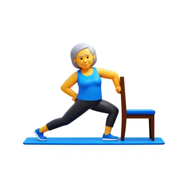 An elderly person with gray hair, wearing comfortable athletic clothing, is performing reverse lunges. They are positioned next to a sturdy chair, using it for support. The person has a focused expression while maintaining balance during the exercise. The setting is well-lit and includes a soft surface beneath them for safety. The posture shows a clear form, with one leg stepping back and the other knee slightly bent forward.