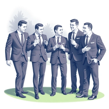 A group of five groomsmen standing together on a lush green lawn. They are dressed in matching black suits with white shirts and black ties. One groomsman is playfully adjusting another's tie while another is pretending to take a photo with a smartphone. A third groomsman makes a funny face, and a fourth is striking a goofy pose. The sun shines brightly, creating shadows on the ground. In the background, there are trees and a clear blue sky.