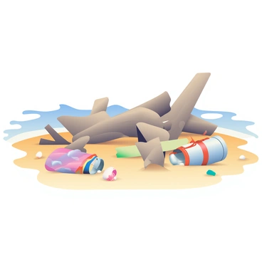 A collection of pieces of driftwood in varying shapes and sizes is scattered across a sandy beach. Some pieces are smooth and weathered, while others have sharp edges and rough textures. Surrounding the driftwood are various items of rubbish, including a crumpled plastic bottle, a colorful fabric scrap, and a metal can partially buried in the sand. In the background, small waves gently lap at the shore, and a few seashells can be seen scattered among the debris. The scene captures the contrast between the natural driftwood and the man-made litter on the beach.
